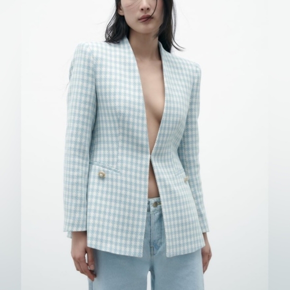 Zara Jackets & Blazers - NWT Zara Houndstooth Lapelless Blazer Size L Blue White Jacket